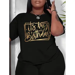 Plus Size Women's Casual Short Sleeve T-Shirt - Golden "It's My Birthday" Graphic Print, Stretchy Round Neck Top for Spring Summer Fall, Machine Washable Birthday Celebration Tee, Birthday Shirt, Spring Summer Apparel, Relaxed Fit