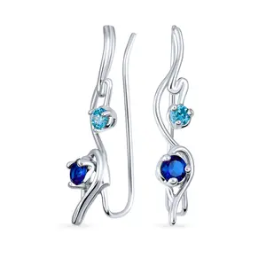 Swirl Wire Ear Cuff Climber Aqua Blue Sapphire CZ Earrings Sterling Silver