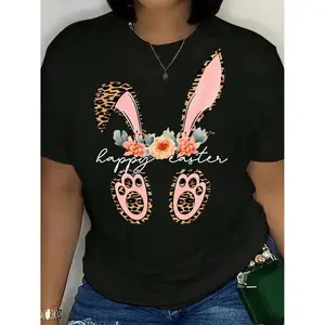 Happy 420 Easter T-shirt, Short Sleeve Crew Neck Casual Top for Summer & Spring, Women's Plus Size Clothing