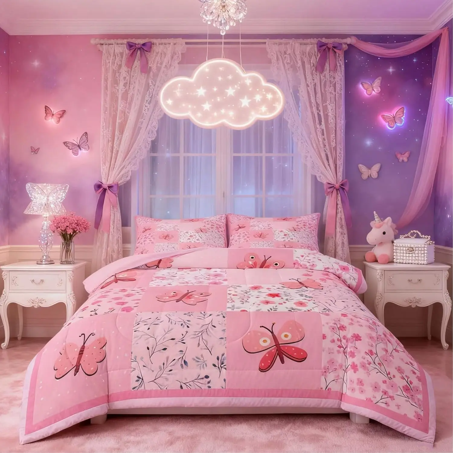 Girls Pink Butterfly Comforter Set Patchwork Bedding Set Garden Floral Duvet Quilt Cute Flower Bedroom Decor Microfiber 1