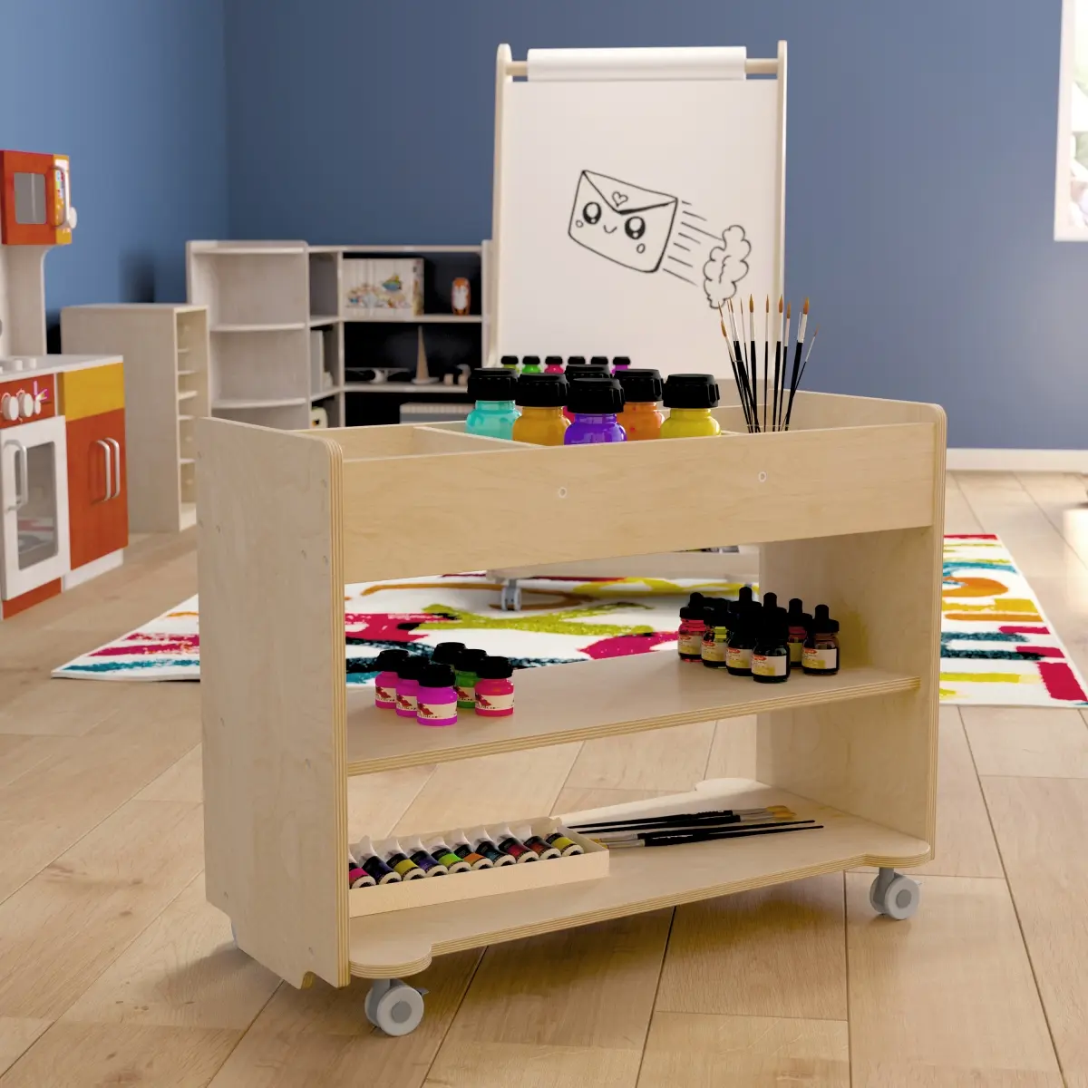 Flash Furniture MK-KE24145-GG Bright Beginnings Commercial Wooden Mobile Storage Cart with 3 Top Storage Cubbies, 2 Lower Shelves & Locking Caster Wheels, Natural