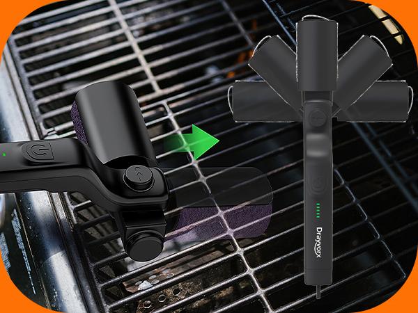 Drayvorx 2-in-1 Cordless Electric Grill Brush & Spin Scrubber - Barbecue Utensils with Stainless Steel Wire & Pad Heads, 3-Speed Motor, High-Torque for Outdoor BBQ Grates & Griddle Grease Cleaning, Cleaning Brush