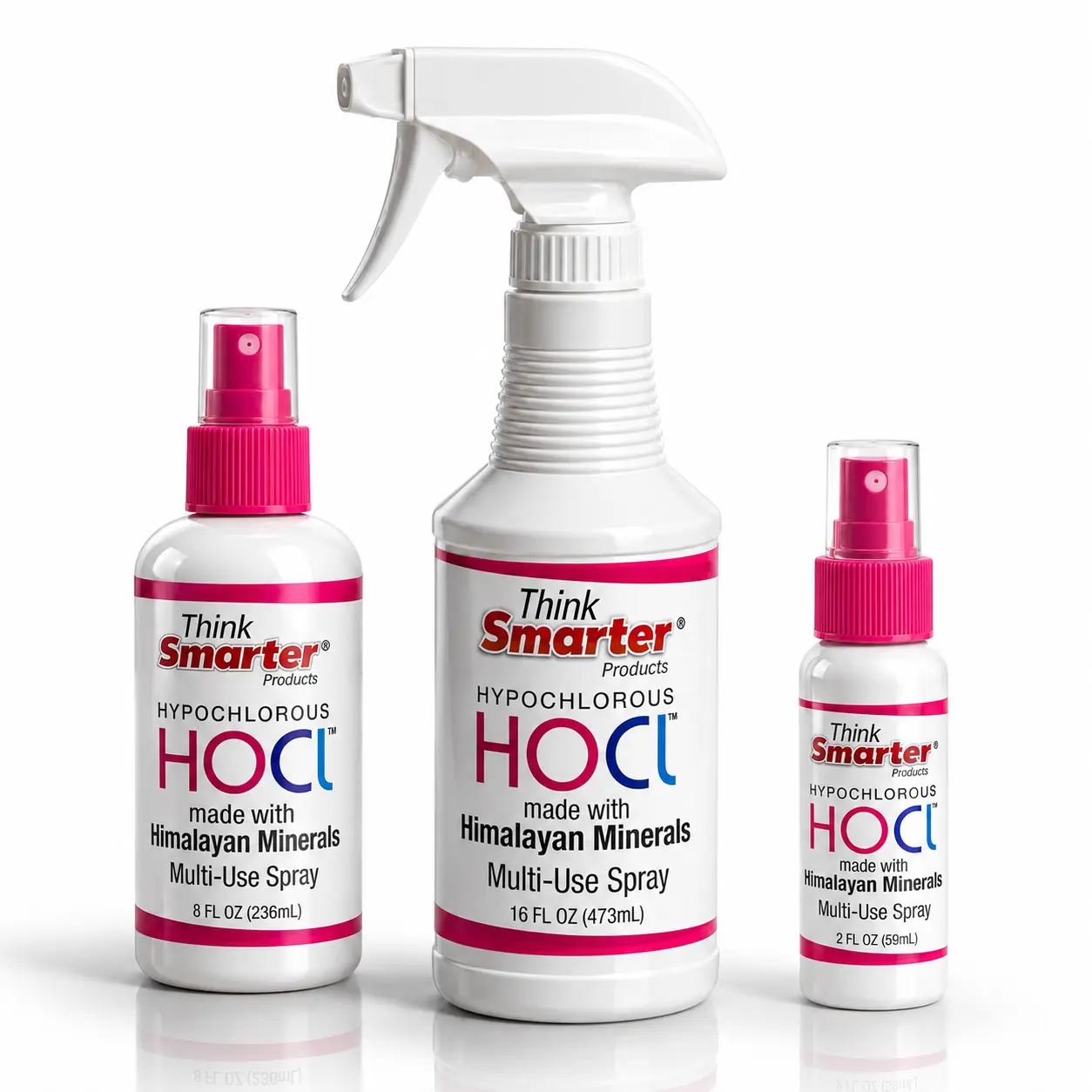Think Smarter Products HOCl spray 3-pack | 2oz, 8oz & 16oz hypochlorous spray with Himalayan minerals | multi-use all-purpose fragrance-free spray