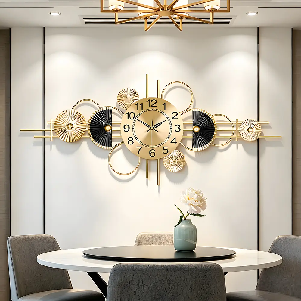Large Modern Wall Clock, Silent Non-Ticking Metal Wall Art Wall Clocks, Iron Frame And Aluminum Dial, Golden Powder Coated End, Horizontal Or Vertical Hanging Clock for Living Room, Kitchen, Bedroom, Or Office Wall Decor