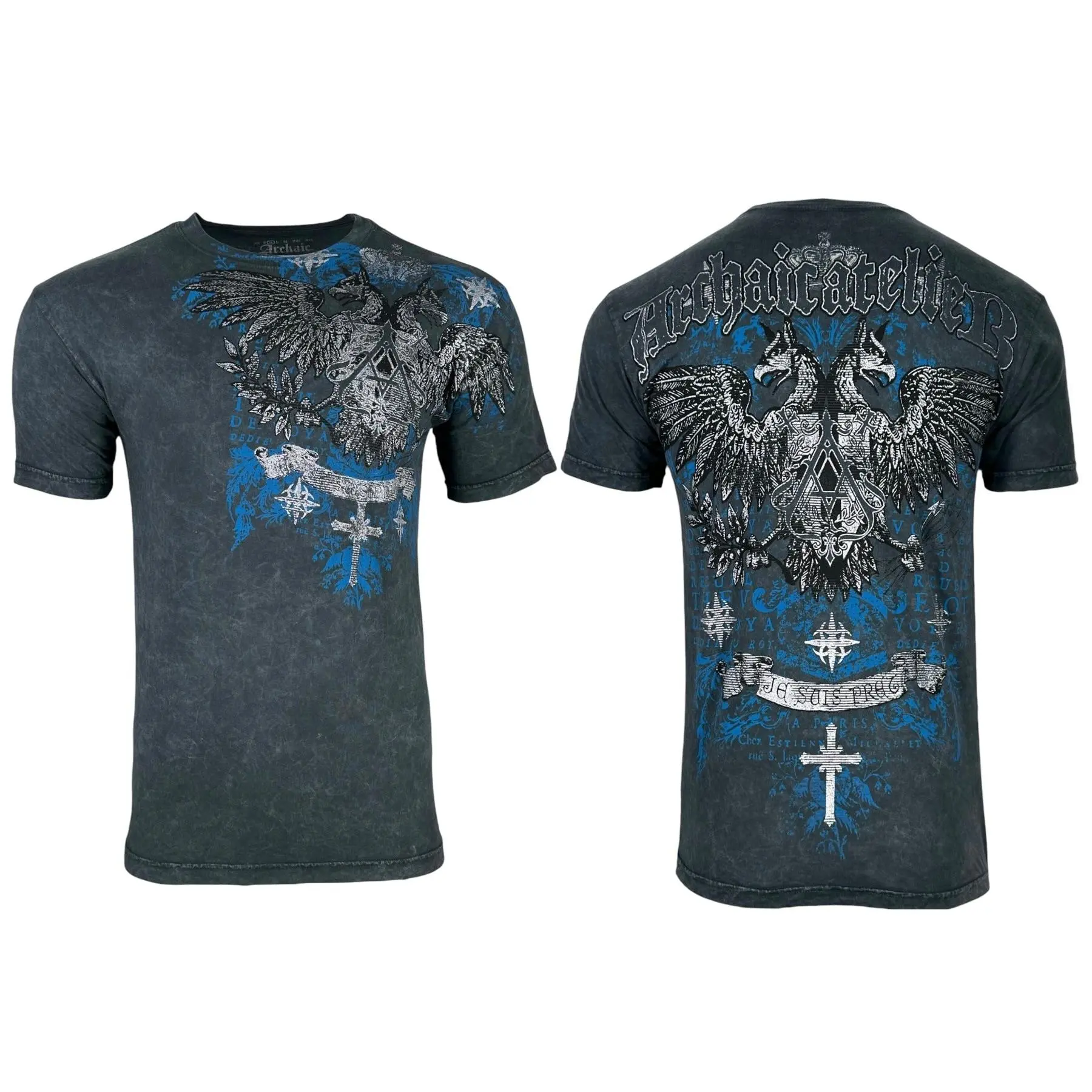 Archaic Men's Calcium Gothic Graphic T-Shirt - Year-Round 100% Cotton Fitted Cut Crew Neck with Front & Back Print in Charcoal Lava