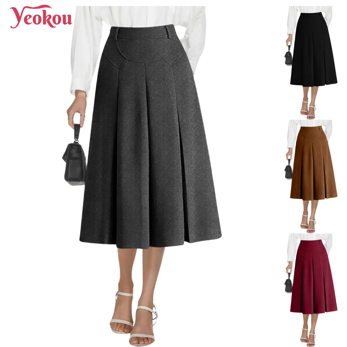 Yeokou Women's Elegant Wool-Blend Tweed Skirt - High-Waisted A-Line Pleated Midi Bottom with Pockets, Fitted Cut, Draped Design for Business Casual, Work, Wedding