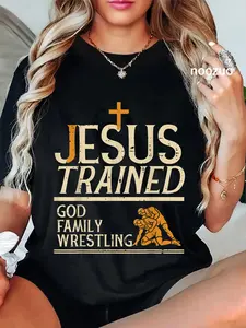 100% Cotton Jesus Trained God Family Wrestling Christian Wrestler Men T-Shirt