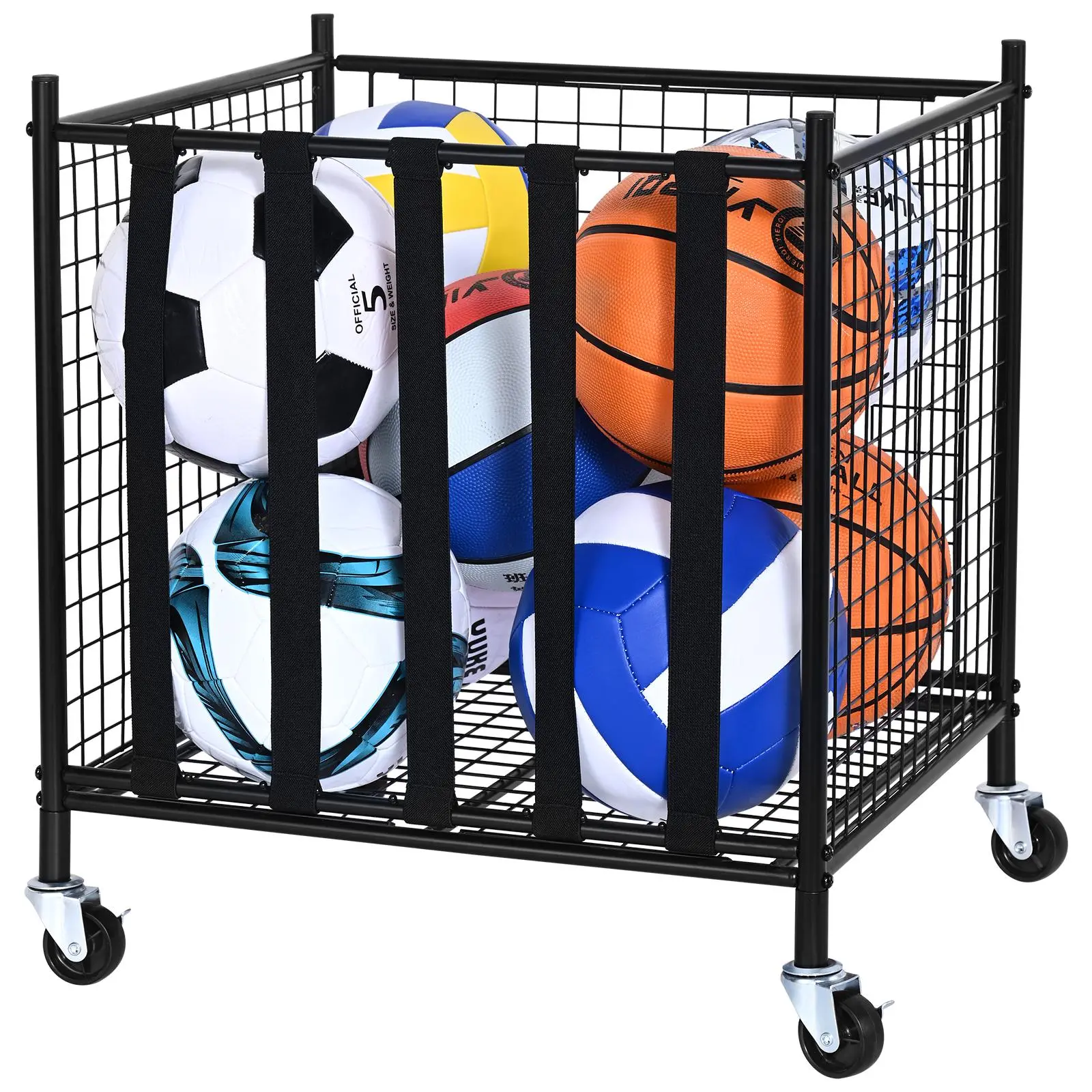 【summerfinds】VEVOR Rolling Sports Ball Storage Cart, Lockable Basketball Cage with Elastic Straps, Sport Equipment Holder Organizer for Indoor Outdoor, Steel Storage Rack for Garages, Playgroup, Gym and Schools Smooth, Cart With Wheels