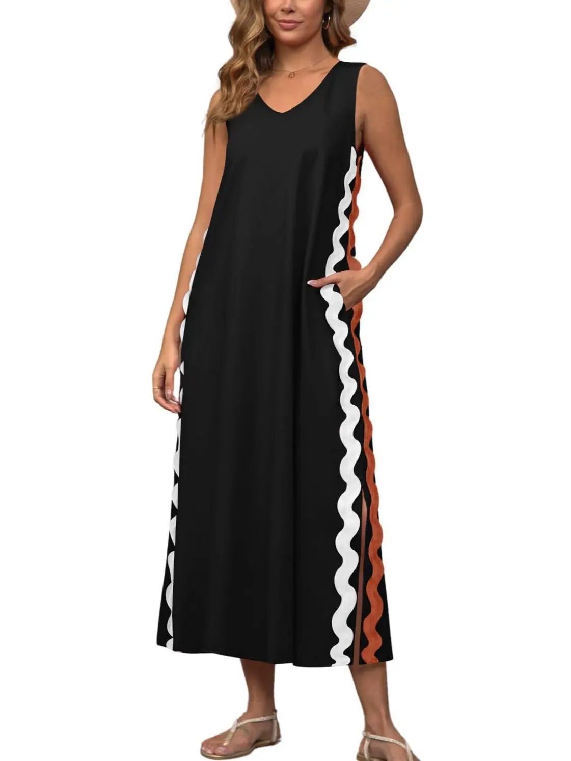 Ebossy Women's Casual Boho Flowy Maxi Dress, Sleeveless V Neck Ric Rac Tank Dress with Side Slit, Summer Beach Vacation Dress