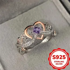 1pc Elegant 925 Sterling Silver Infinity Heart Ring with Purple Synthetic Zirconia, Engagement Wedding Band, Daily & Special Occasion Jewelry, All Seasons Compatible