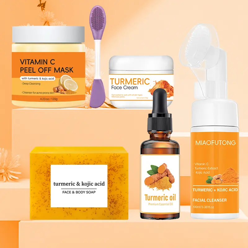Turmeric 6-Piece Skincare Set with Massage Cleansing Brush – Includes Turmeric Clay Mask, Turmeric Mousse Cleanser, Turmeric Soap, Turmeric Face Cream, and Turmeric Oil. A complete cleansing and skincare kit