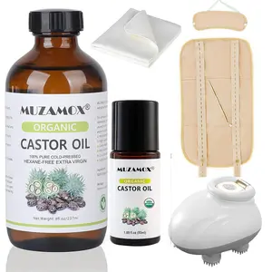 [6PCS] MUZAMOX Castor Oil Organic Cold Pressed Unrefined Glass Bottle (8fl.oz/237ml),Castor Oil Roll(50ml) ＆ Scalp Massager,Castor Oil Pack Wrap Organic Cotton and Castor Oil Packs for Body Care Comfort Cosmetic massage oil beauty Cold-Pressed