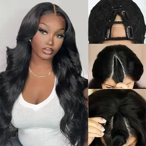 AuvzyHair 24inch V Part Wig Body Wave Glueless Clip In Extensions Thin Part Long Wavy Black Half Wig for Women Synthetic Hair No Leave Out V Part Wigs Fashion Wig Beginner Friendly