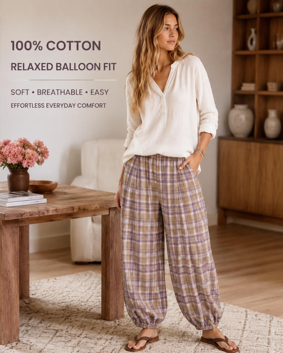 Tanming Women's Plaid Pull-On Balloon Pants, Cotton Twill Pants with Shirred Elastic Waist, Exaggerated Bubble Silhouette & Side Pockets Womenswear Bottom
