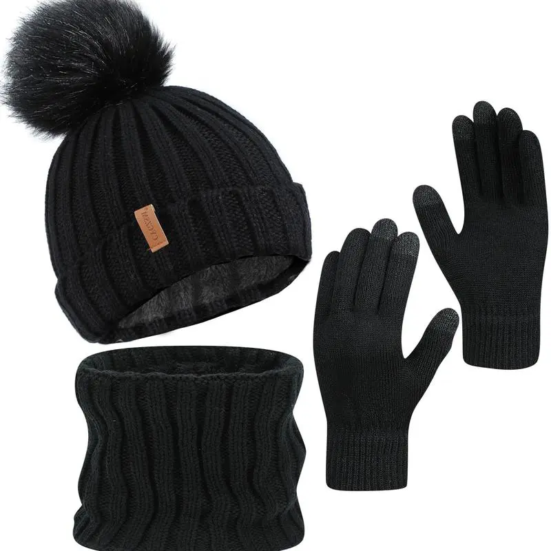 2026 NEW Winter Beanie Hat Scarf Gloves Set for Women, Warm Fleece Knit Touch Screen Gloves, Double-Layered Brim, Ideal Gift for Thanksgiving 3 Pieces Touchscreen Gloves, Beanie Hat,and Scarf for Men's and Women's