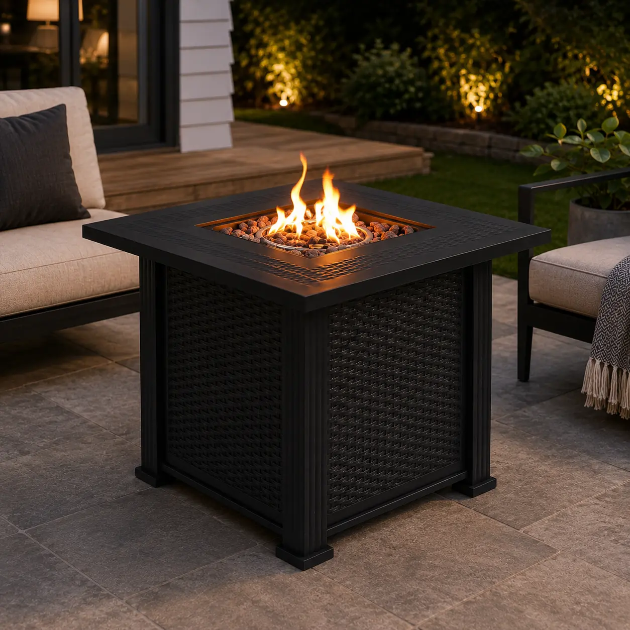 Fahuac 27.95-Inch Contemporary Square Propane Fire Pit Table with Steel Frame, Woven Panels, Lava Rocks, Hidden Tank Storage for Outdoor Patio, Deck