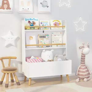 Kids Bookshelf & Toy Storage Cabinet - Montessori Style Book Organizer for Nursery & Playroom (White)