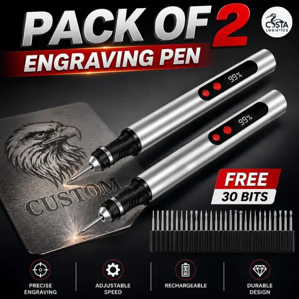 [Costa] Professional Engraving Pen (Pack of 2) with Rechargeable Batteries, USB-C Charge, 60 Free Diamond Bits, 3 Speeds (8000-21000 RPM), Adjustable Speed Settings, Easy to Use for Gifts, Crafts