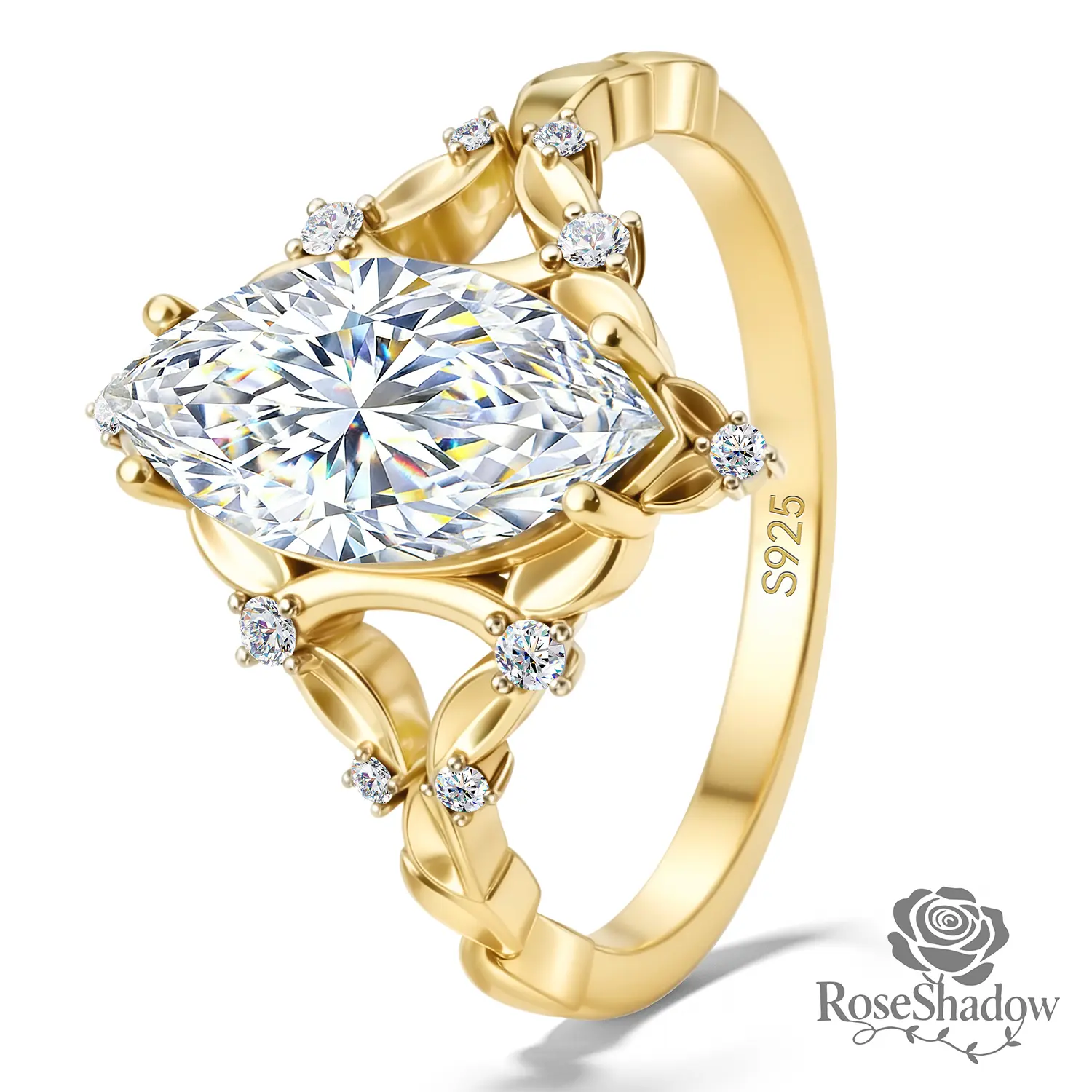 ROSESHADOW 1CT/2CT Marquise Cut VVS Moissanite Vintage Nature-inspired Elegant Wedding Ring 14K Gold Plated 925 Sterling Silver Synthetic Moissanite Anniversary Ring with Certificate & Box