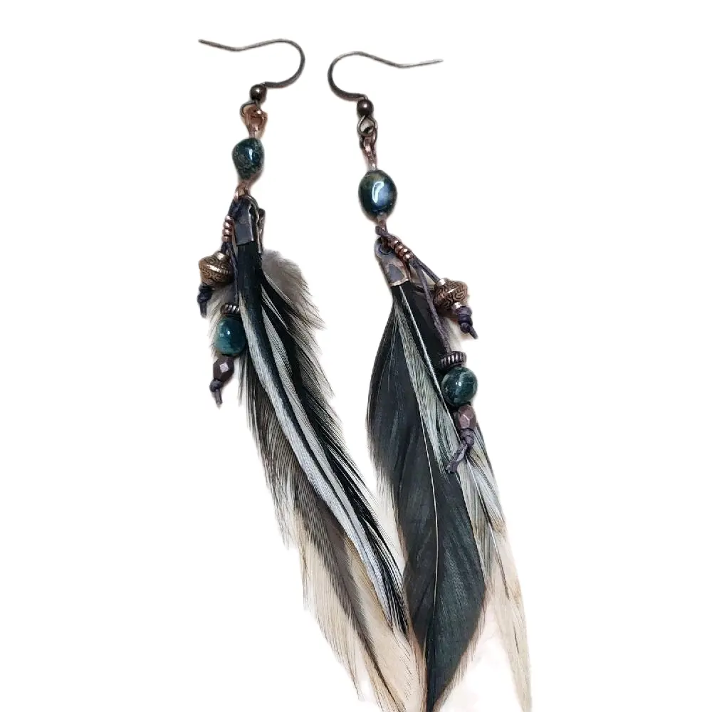 Ocean Jasper & Feather copper Hook Earrings (item#E012)