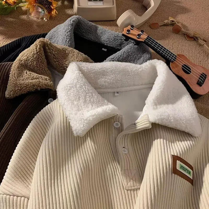 Corduroy Polo collar sweater couple autumn and winter style plus velvet thickened simple fashion lamb wool coat Comfort Long Sleeve Clothes Vintage streetwear vacation outfits