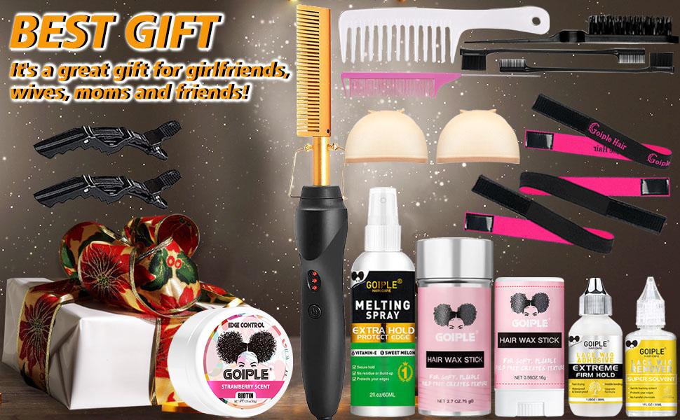 【Spring Glow-Up】Electric Hot Comb Hair Straightener for Natural Hair and Wigs - Curling Iron and Pressing Comb Set with Wax Stick Brush Salon Gift Straightening Cream