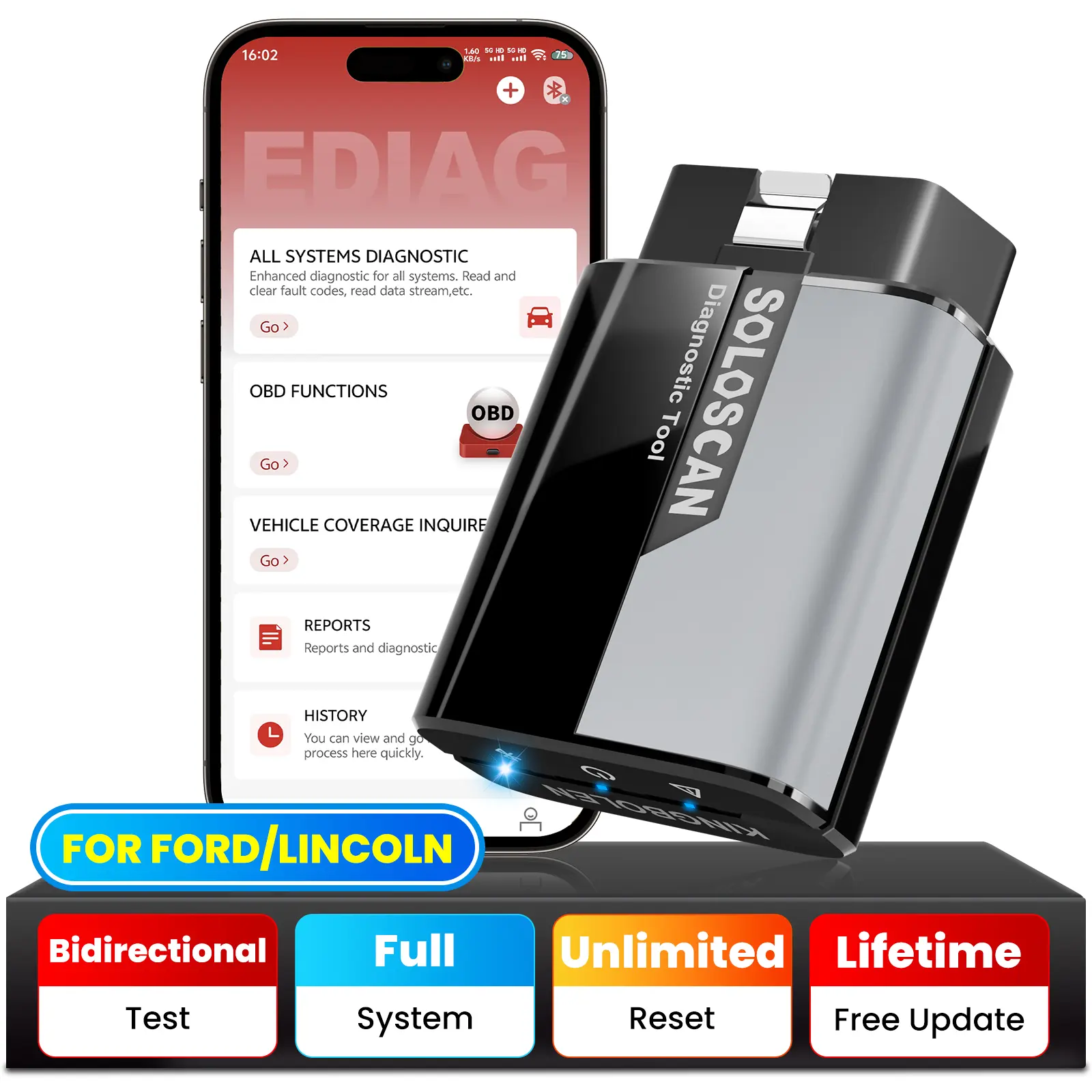 KINGBOLEN Soloscan OBD2 Scanner For Ford/For Lincoln,Bidirectional Full System Car Diagnostic Tool for iPhone & Android,50 Reset Services,DPF Regeneration Tool, No Subscriptions, Automotive Scan Tool, Full System Diag