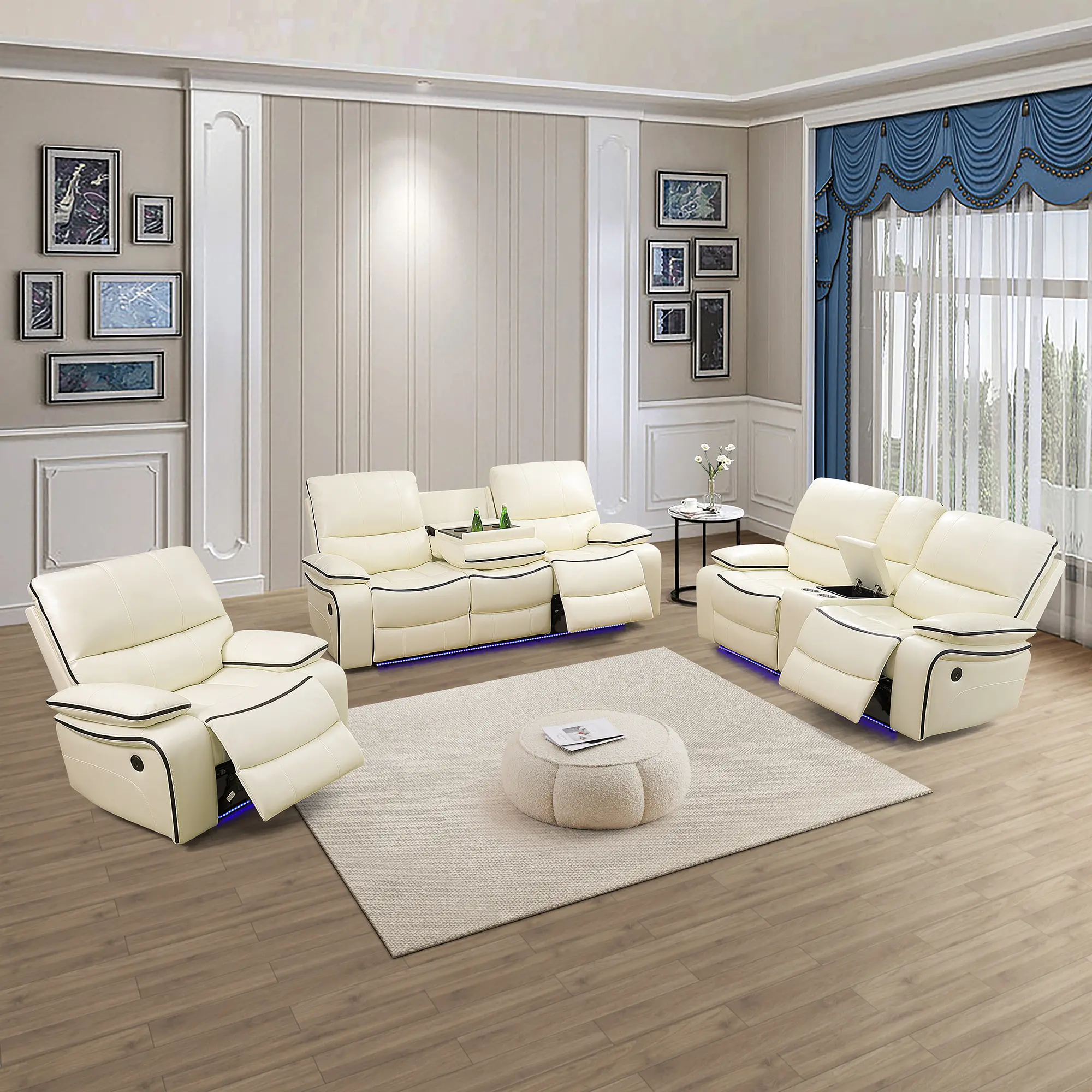 Contemporary Off-White Bonded Leather Reclining Sofa 3-Piece Living Room Set