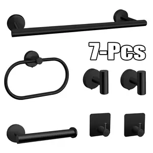 7-Pieces Matte Black Bathroom Hardware Accessories Set, Stainless Steel Bath Towel Bar Set, Towel Racks for Bathroom Wall Mounted