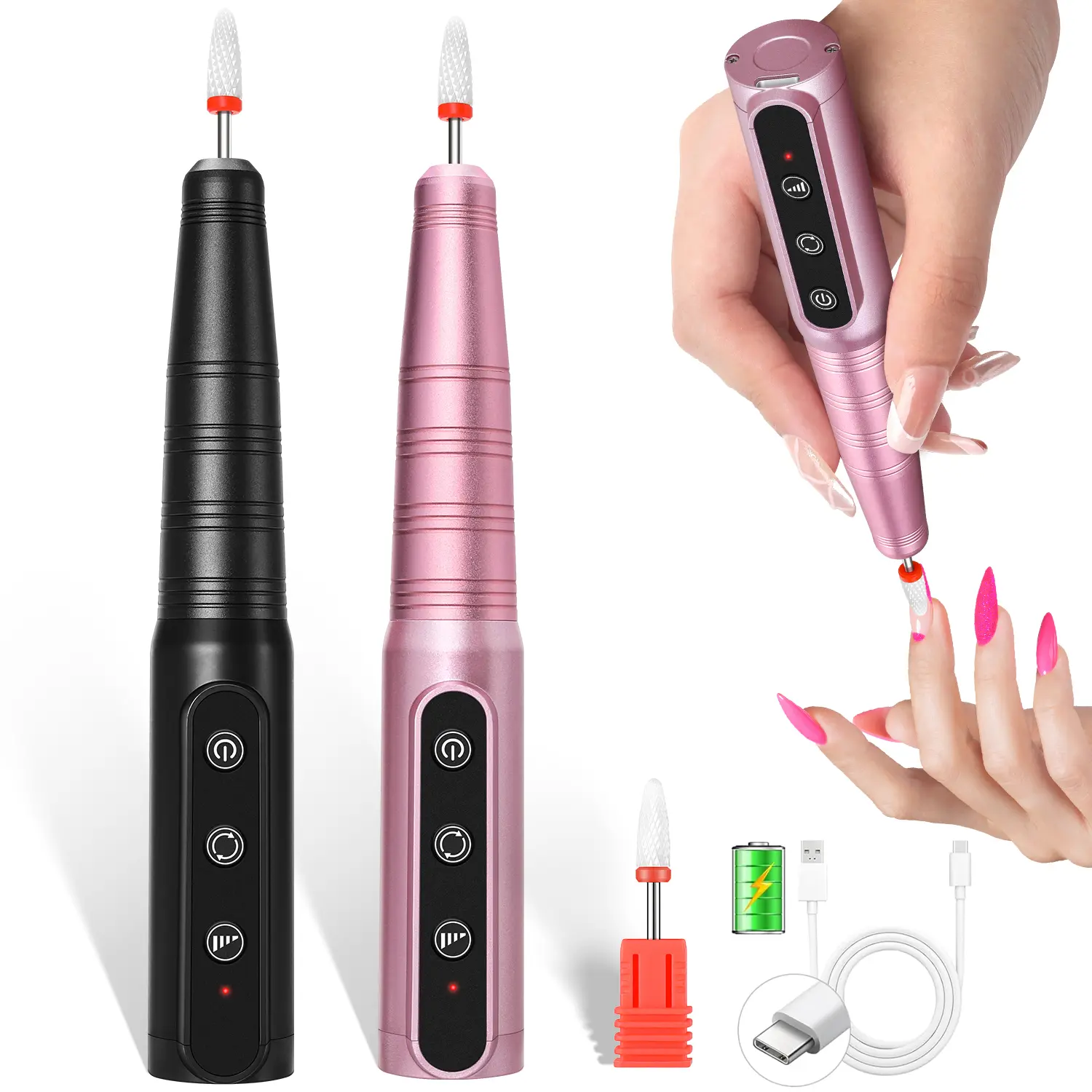 Rechargeable Handheld Nail Drill Machine, USB-Charge Cordless E-File Nail Care Kit with Low Noise Polisher for Home DIY Manicure & Pedicure