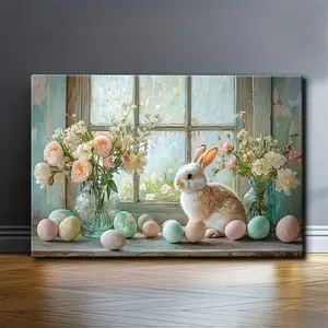 [Retro Easter Painting] Retro Easter Bunny 2D 1 Unique Style Solid Wood Frame Canvas Painting |   Perfect For Home Decoration, Festive Occasions And Gifts For Him/her |   Suitable For Living Room And Bedroom, Ready To Hang	
