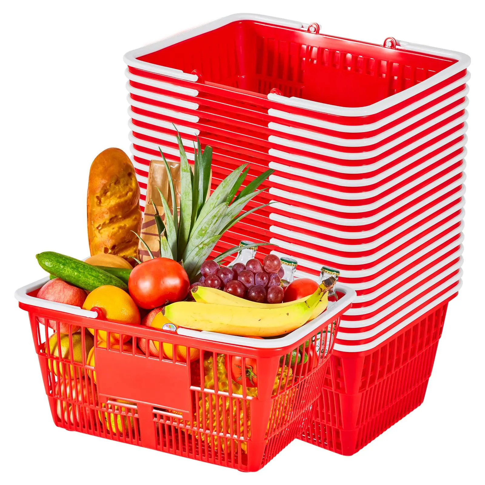 【SummerFinds】VEVOR Multipurpose Basket Set Storage Boxes, 20 PCS 21L Stackable Smooth PE Plastic Grocery Baskets, Dual Reinforced Handles, Dense Mesh Structure, 20 lbs Capacity, Portable for Grocery Hauls, Home Use