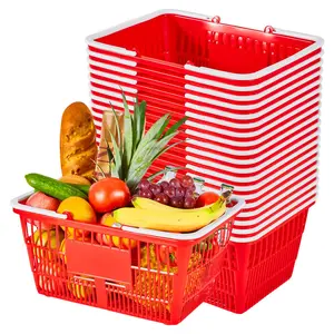 【FathersDayGift】VEVOR Shopping Baskets, 20 PCS, 21L Stackable PE Plastic Grocery Baskets with Handles, Dense Mesh Structure, Holds up to 20 lbs, Portable for Grocery, Retail, Stores, Supermarket, Home Use, Red