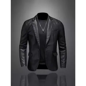 2025 New Trend Slim-fit Leather Blazer for Men, Casual Leather Jacket, Popular Men's Jacket Style Menswear Coats Tops Long Sleeve Beige Plain