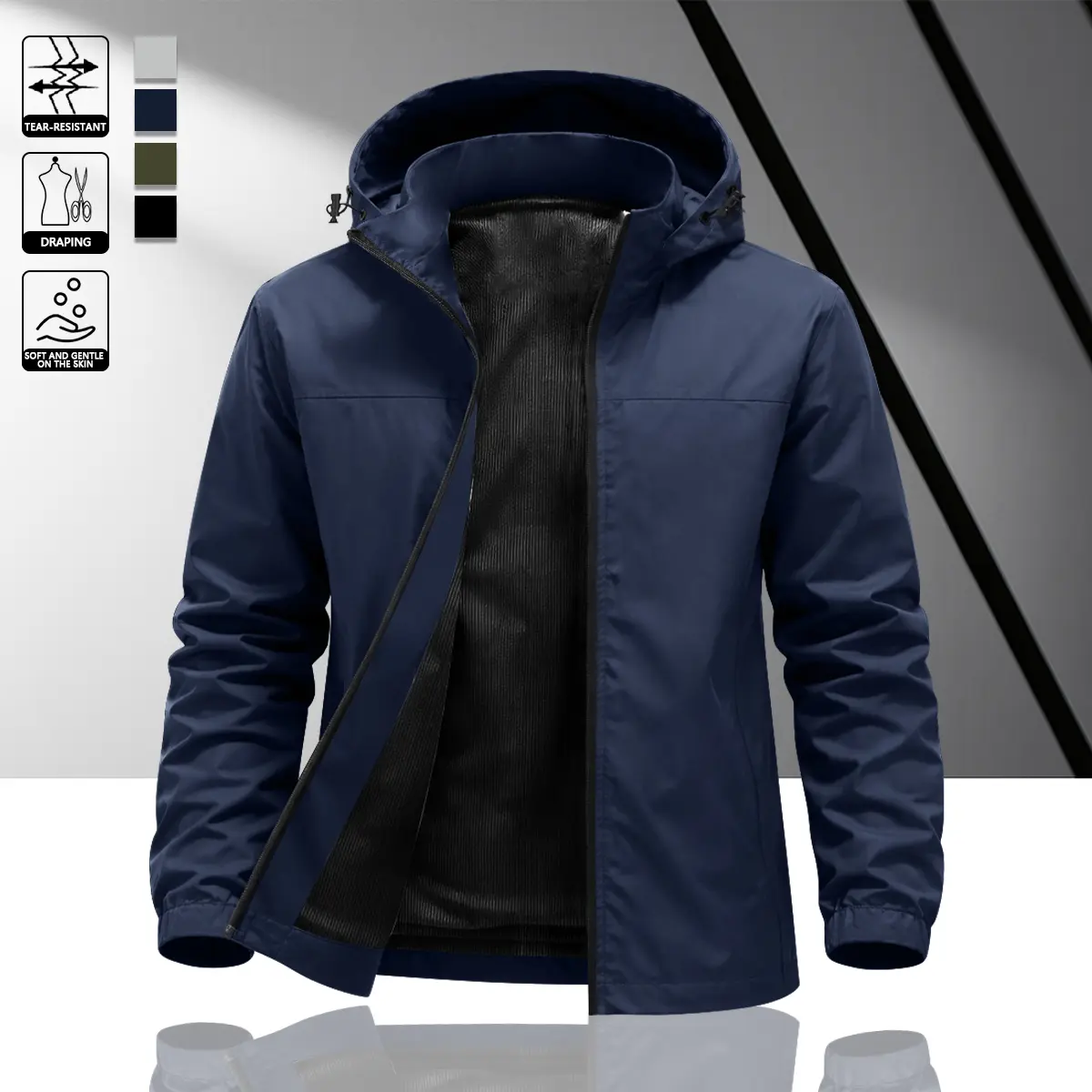 Men’s Fashion Hooded Windbreaker Jacket – Lightweight, Wear-Resistant Fabric with Elastic Drawstring for Easy Adjustment; Zipper Closure; Outdoor Commuter Style; Suitable for Daily Outdoor Wear and Home Casual Outfits; Spring/Summer Jacket