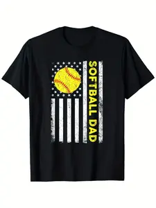 Softball Dad American Flag Fathers Day T-Shirt for Men, Soft Fabric, Breathable, Comfortable Short Sleeve Tees, Perfect for Gift, S-XXXL