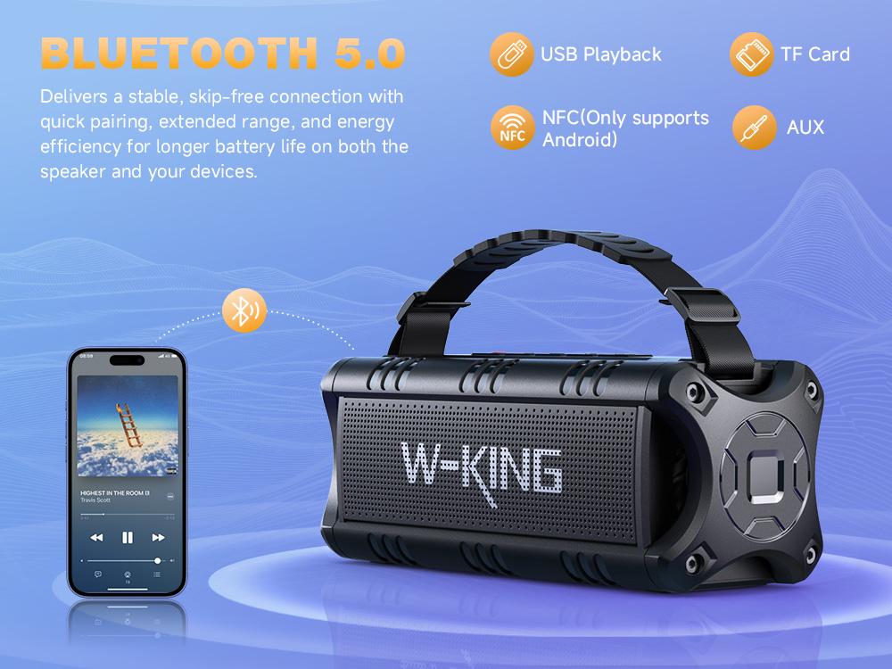 W-KING 60W Peak D8 Mini Portable Bluetooth Speaker, IPX6 Waterproof, 30W Wireless, 24-Hour Playtime, Powerful Bass, NFC, TF Card, USB Playback, Built-in Mic, AUX-IN, for Home, Outdoor Adjustable Subwoofer