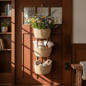 Woven cotton Over The Door Organizer Storage-3-Tier Hanging Organizer ，Bedroom， Bathroom，Decorative Nursery Baskets，Dormitory Storage，Back to School Must Have
