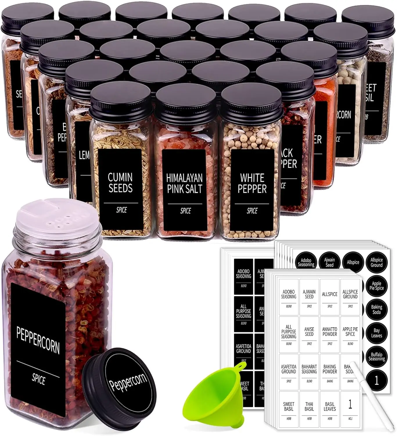 25 Spice Jars with 547 Labels- Glass Spice Jars with Black Metal Caps, 4oz Empty Spice Containers with Shaker Lids, Funnel, Chalk Pen, Square Seasoning Bottles for Spice Rack, Drawer, Cabinet
