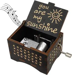You are My Sunshine Letter Pattern Music Box - Hand Crank Wooden Laser-Engraved Vintage Music Box - Ideal Gift for Birthday, Anniversaries & Weddings, Valentine's Day, Mothers Day