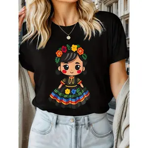 Cotton Women's Black & White Short Sleeve T-Shirt with Mexican Traditional Costume Cartoon Print, Round Neck, Casual Style, Polyester Blend, Machine Washable, All-Season Wear Breathable Graphic