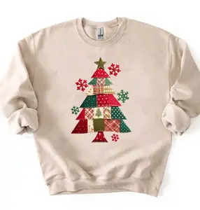 Patchwork Christmas Tree Sweatshirt, Sand