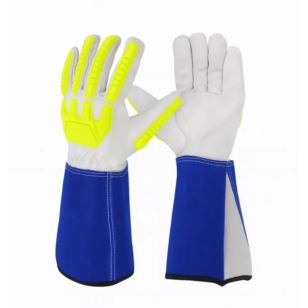 TPR Impact Resistant Cow Leather Welding Gloves 14", Heat & Flame Resistant BBQ Work Gloves with Kevlar Stitching, Fire Resistant Long Gauntlet Cuff for Industrial & Outdoor Use