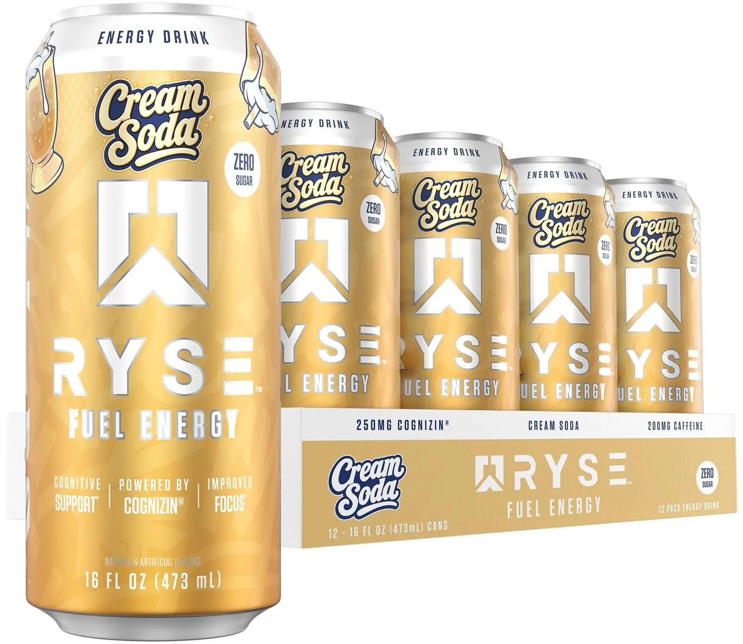 RYSE Fuel Energy Drink - Pack of 12 - 200mg Natural Caffeine, Taurine and Choline for Focus and Energy - Sugar-Free and Vegan - 16 fl oz