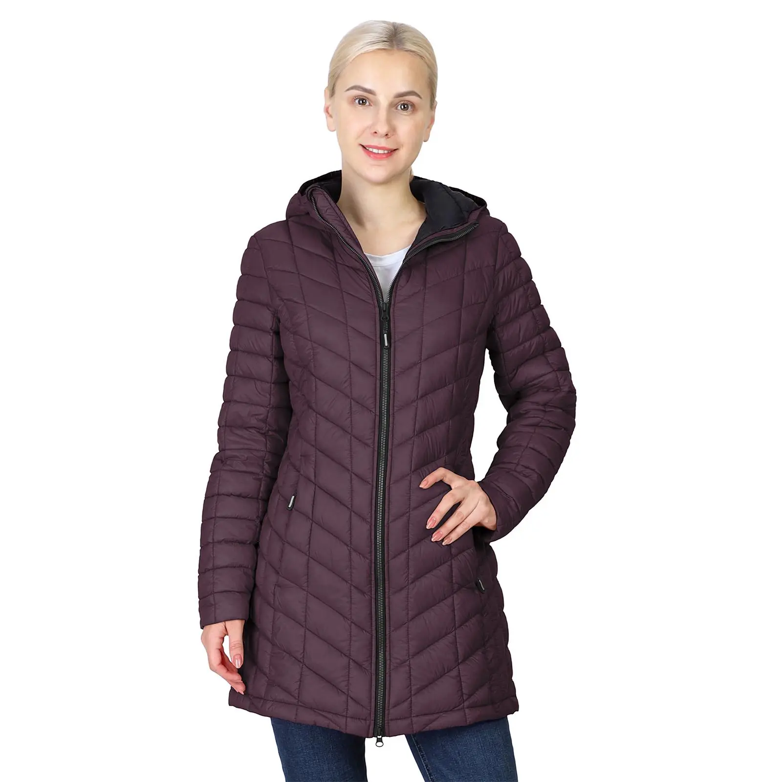 Outdoor Ventures Women's Maryan Hooded Ultra-Lightweight Thermal Padded Long Puffer Coat with Zippers, Hip Coverage for Warmer Outdoor Sports Activities, Lady, Elastic