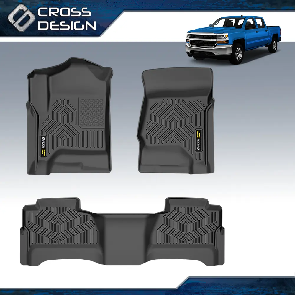 CROSSDESIGN Synthetic TPE All-Weather 3D Waterproof Anti-Slip Easy-to-Clean Car Floor Mats - Accessory with Crease Recovery, Fits 14-18 Silverado/Sierra 1500 2500HD 3500HD Crew Cab, 1-Set (3pcs) Black Car Accessories, Car Accessory, Liners