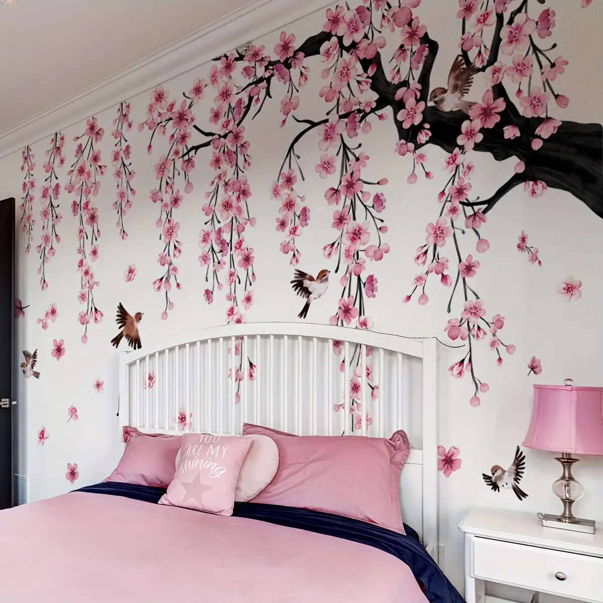 A set of 4 pieces (30*90cm*4pcs) creative pink peach blossom tree, bird and falling flower bathtub stickers Decor Wall Decal, suitable for living room, bedroom and bathroom background walls - MS7194-YC