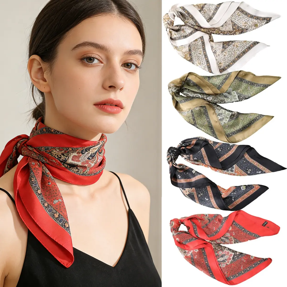 4-Piece Print Bandana Head Scarves for Women, 27.5" Square Silk Feeling Polyester Kerchief for Hair, Neck & Daily Fashion, Silk Feeling Bandana, Reusable Bandana Scarf