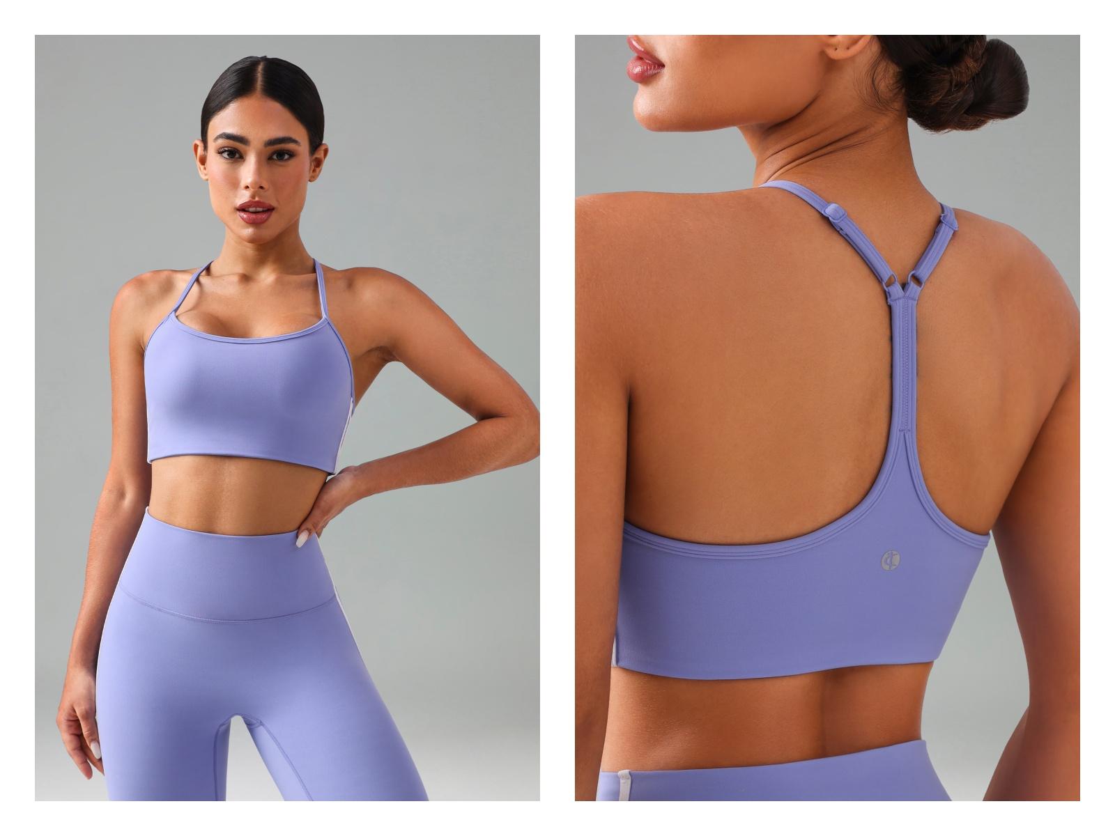 Colorfulkoala Women's Dreamlux Y-Back Adjustable Sports Bra Contrast Double Stripe Design Hidden Elastic Hem Removable Pads Yoga Set Compatible