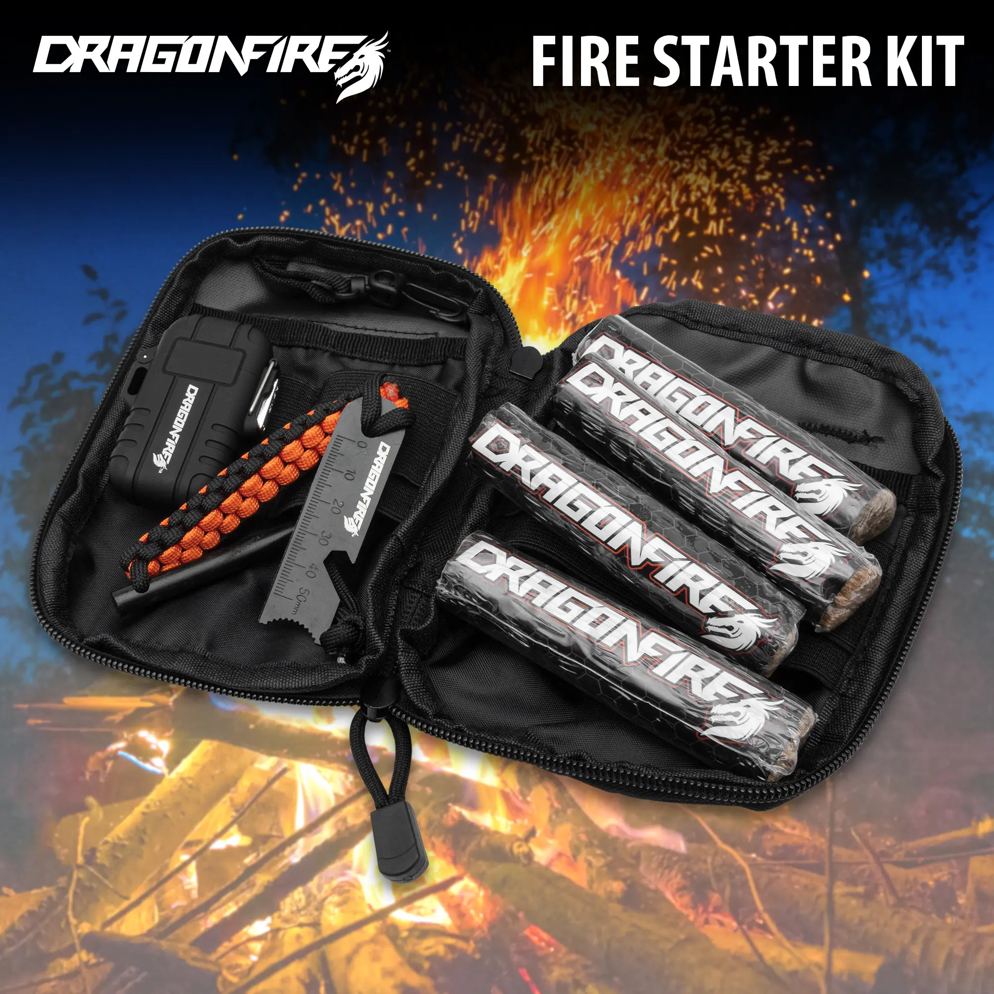 Dragonfire Fire Starting Kit with Organizer Case, Ferro Rod, Arc Lighter, and Fire Starters